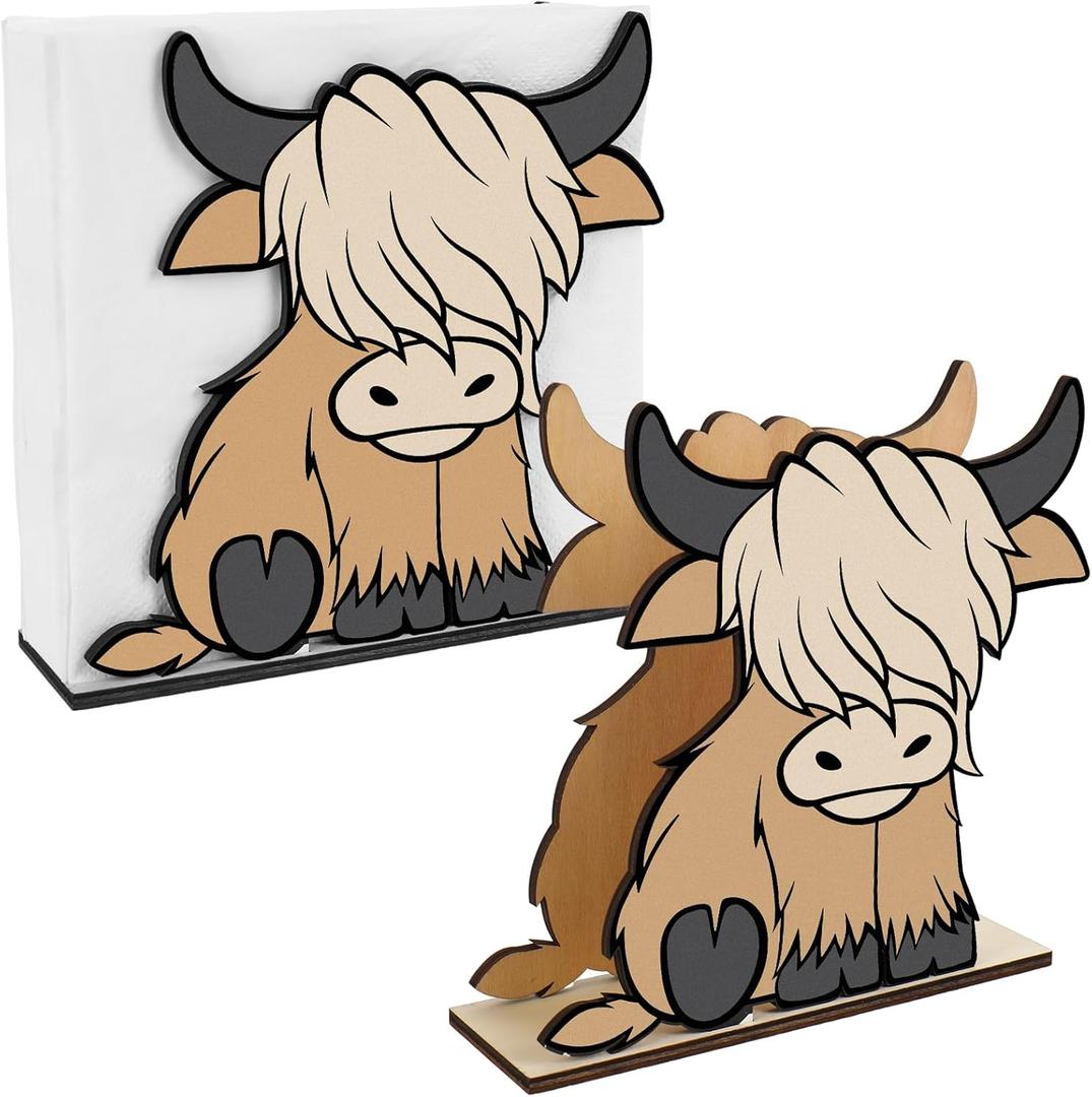 2 Pcs Wooden Highland Cow Napkin Holder Standing Brown Wooden Paper Holder Napkin Tissue Dispenser for Dining Room Cocktail Kitchen Table Countertop Decor
