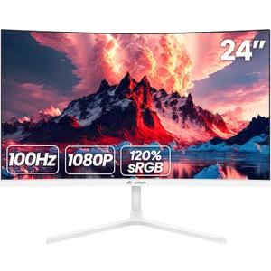 CRUA 24 Inch Curved Monitor, FHD(1920×1080P) 100HZ 120% sRGB Computer Monitors, Narrow Bezels on Three Sides, Blue Light Filter PC Monitor for Home, Office and Dormitory(HDMI, VGA)-White