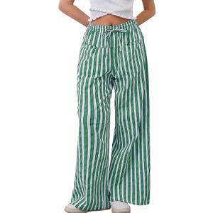 MISSACTIVER Women Drawstring Striped Pants Loose Wide Leg Trousers Casual Low Waist Pants Comfy Lounge Pants with Pockets (Medium, Green)