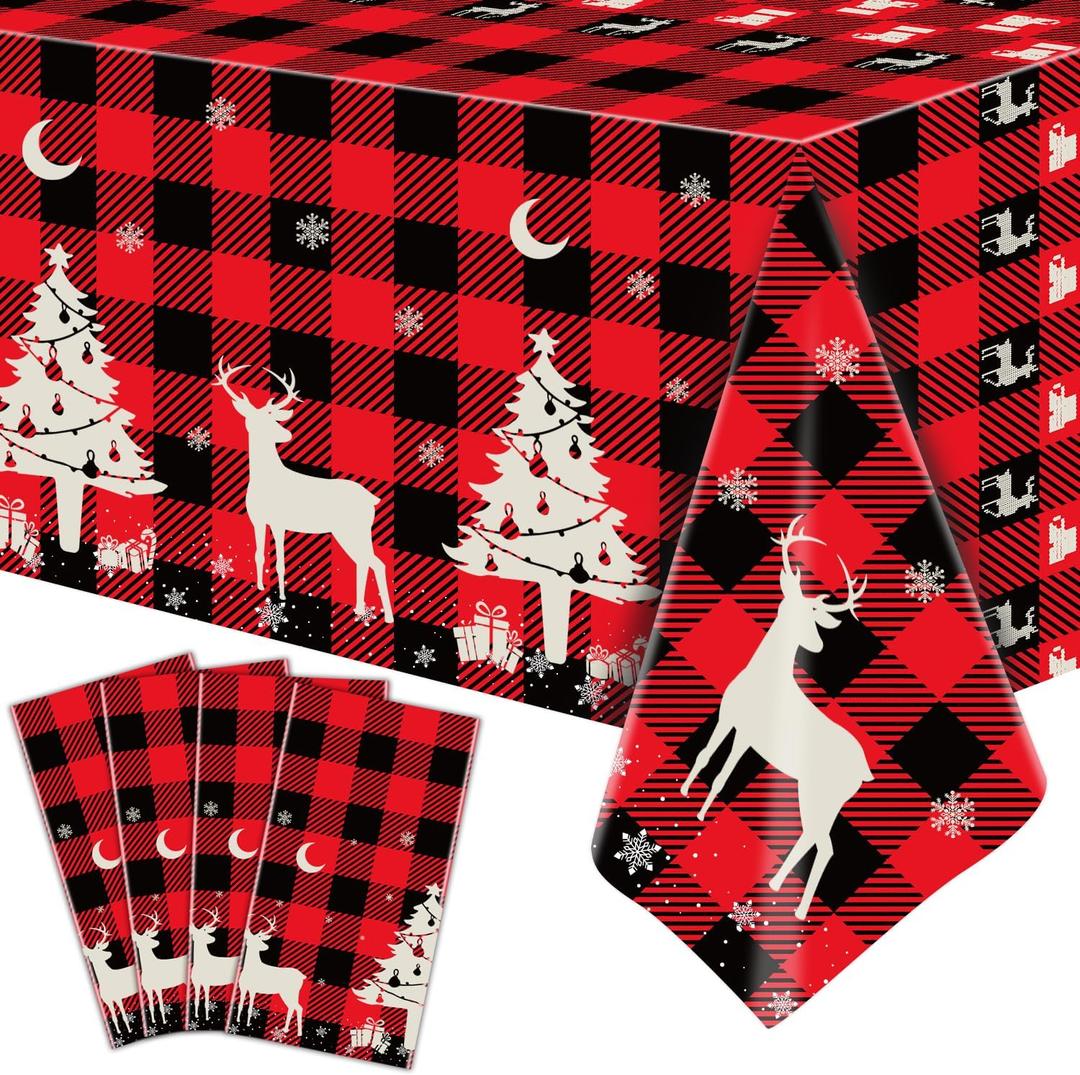 2 x 4 Pack Christmas Checkered Tablecloth Buffalo Plaid Snowflake Table Cover 51 X 86'' Disposable Rectangle Red and Black for Xmas Party Decor Winter Holiday