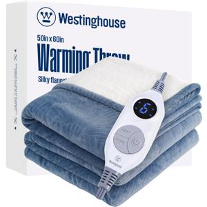 Westinghouse Electric Throw Blanket, Flannel Sherpa Heated Throw with 6 Heating Levels and 2-10 Hours Auto-Off, Flower Jacquard Heated Blanket, Fast Heating & ETL Certification, 50" x 60" Inch, Blue