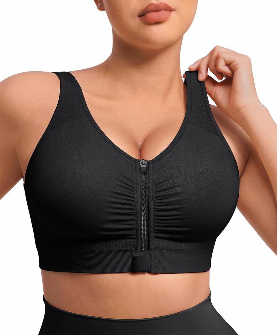 FeelinGirl Zip Front Closure Bras for Women No Underwire Compression Post Surgery Bra with Wide Adjustable Straps (Black, M)