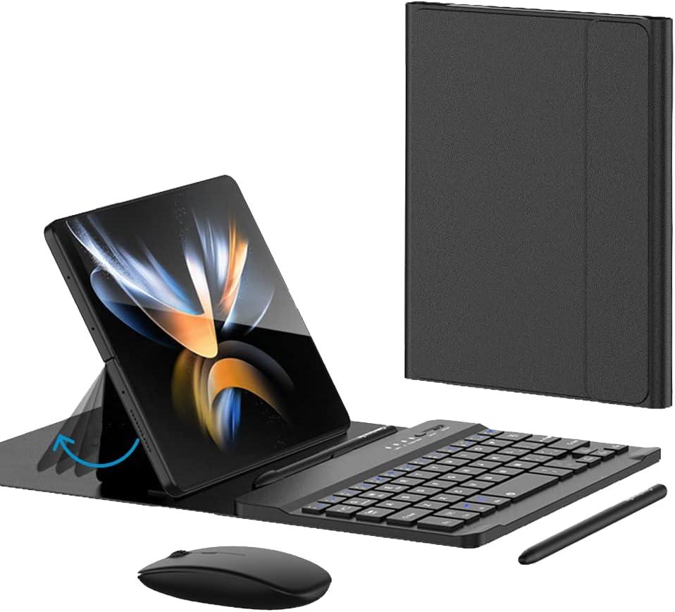 for Samsung Galaxy Z Fold 7 6 5 Keyboard and Mouse, Portable Mini Bluetooth Keyboard with Leather Case and Capacitive Pen, 4 in 1 Set for Z Fold 6 Accessories,Black