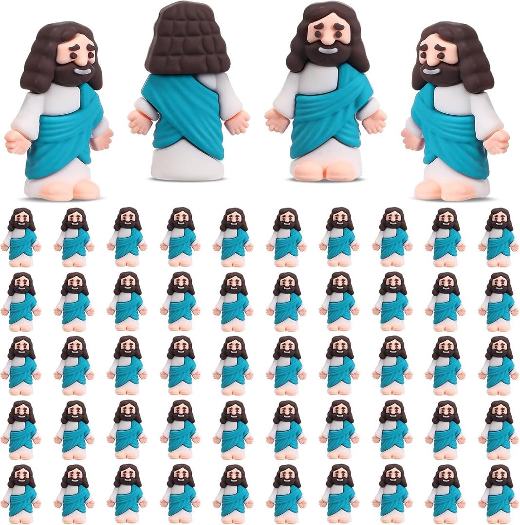 Bememo 50 Pcs Mini Jesus Figures Original Design Jesus Toys Little Figures to Hide and Seek Sunday School Religious Easter Party Favors Gift(Cyan)