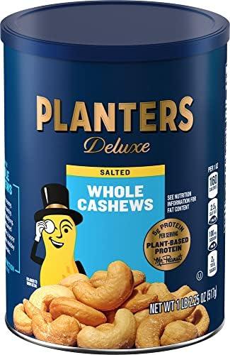 PLANTERS Deluxe Salted Whole Cashews, Party Snacks, Plant-Based Protein, Quick Snack for Adults, After School Snack, Roasted Cashew Flavored with Sea Salt, Bulk Nuts, Kosher, 1 lb 2.25oz Canister, Pack of 2