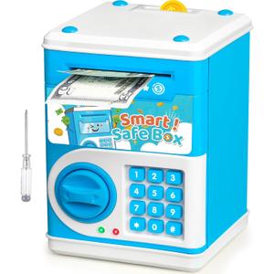 ATM Piggy Bank for Boys Girls, Vcertcpl Mini ATM Coin Bank Money Saving Box with Password Code, Kids Safe Money Jar for Real Money with Auto Grab Bill Slot, Great Gift Toy Bank for Kids (Blue)