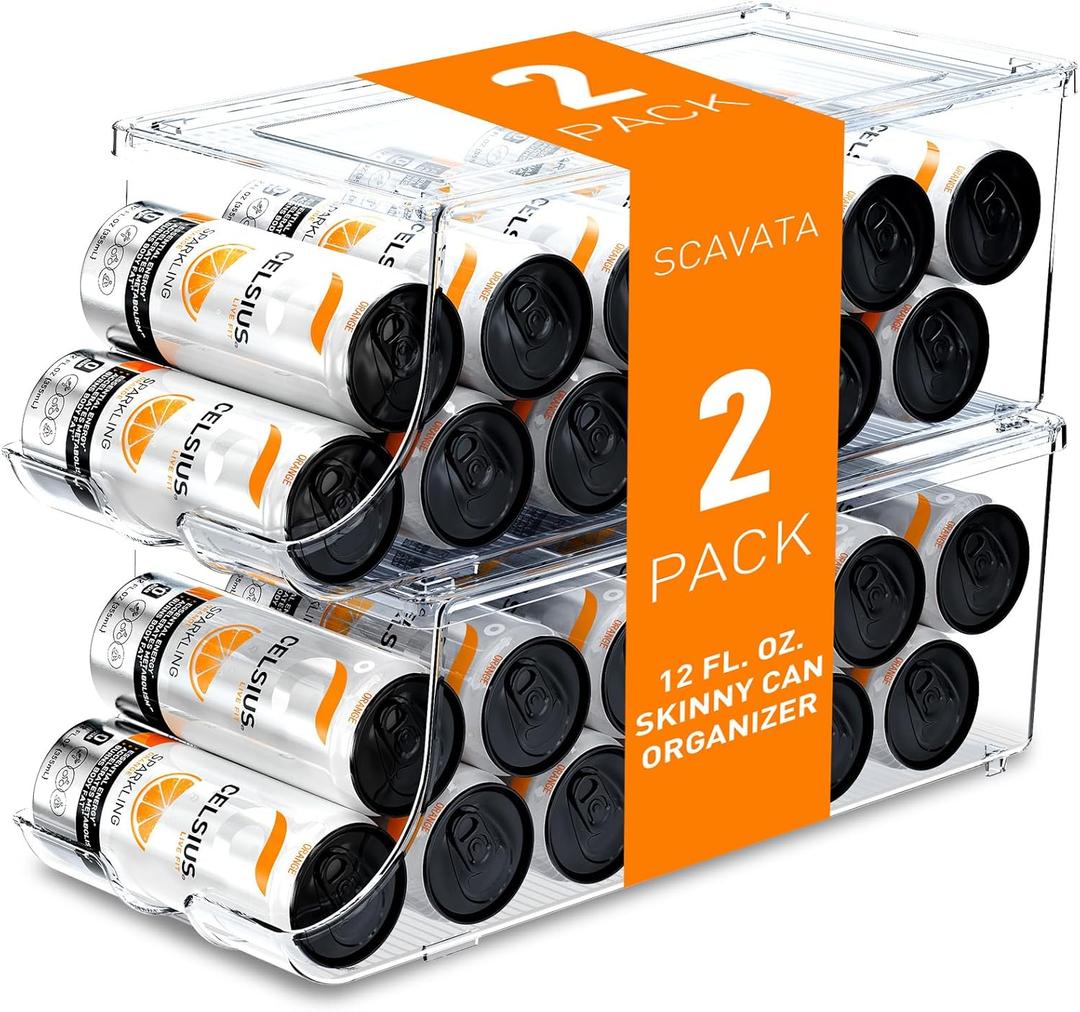 SCAVATA 2 Pack Skinny Can Organizer for Refrigerator, Stackable Tall Skinny Soda Pop Can Holder Dispenser with Lid for Fridge Pantry Rack Freezer, Clear Plastic Storage Bins-Holds 12 Slim Cans Each (Transparent)