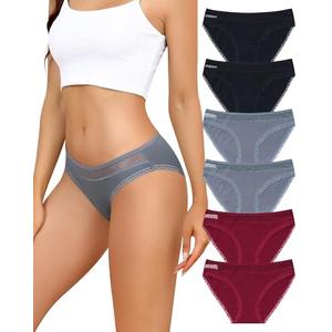 LEVAO Womens Underwear Cotton Bikini Panties Lace Cut Out Stretch Cheeky Ladies Briefs 6 Pack, L