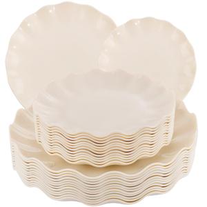 LIYH 24 Pcs Plastic Plates Reusable,Unbreakable Dinner Plates, Scalloped Plastic Plates, Dishwasher Safe,Ivory Plate Sets Perfect for Parties, Birthday, Picnics, BPA Free(12Guests)