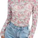 Women's Sheer Floral Long Sleeve Layering Top Ruffled Mock Neck Sheer Blouse for Casual Brunch Party Club Night Date Outfits (Medium, Flower White Light Pink)