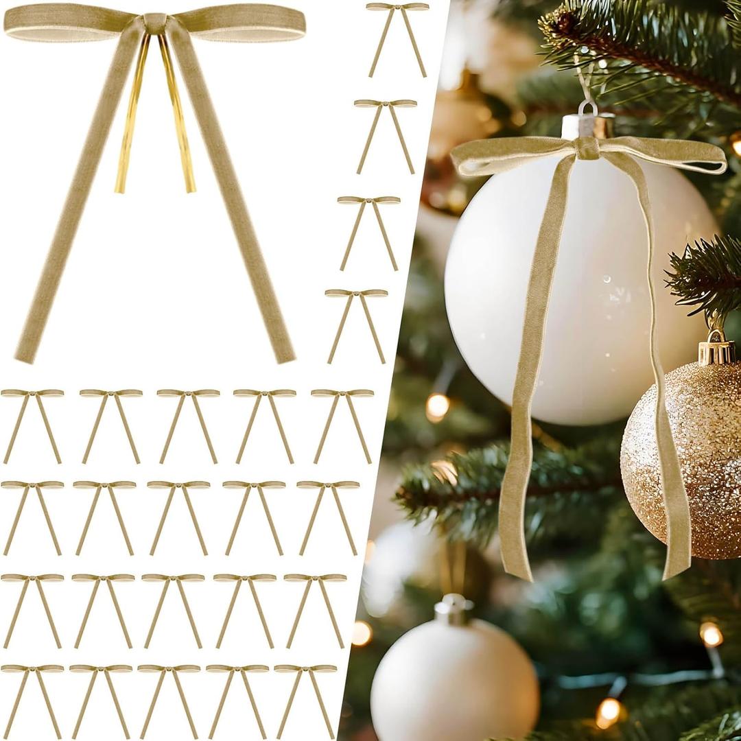 24 Pcs Light Brown Velvet Bows for Christmas Tree Decor, Elegant Velvet Pre-Tied Ribbon Bows Door Garland Vintage Ornaments for Christmas, Wreaths, Gifts and Home Decoration (5x7 Inch, 3/8'' Wide) (Khaki)
