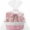 Colingmill Mother's Day Woven Gift Basket Empty for Women with Handles Ribbons Bow Tie Bag, Decorative Woven Gift Basket for Mom, Rope Storage Box Home Decor(14 x 10 x 5.5 Inch,Pink White)