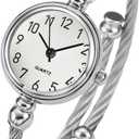 Top Plaza Womens Fashion Silver Tone Analog Quartz Bangle Cuff Bracelet Wrist Watch, Unique Elegant Stainless Steel Wire Band, Arabic Numerals  White