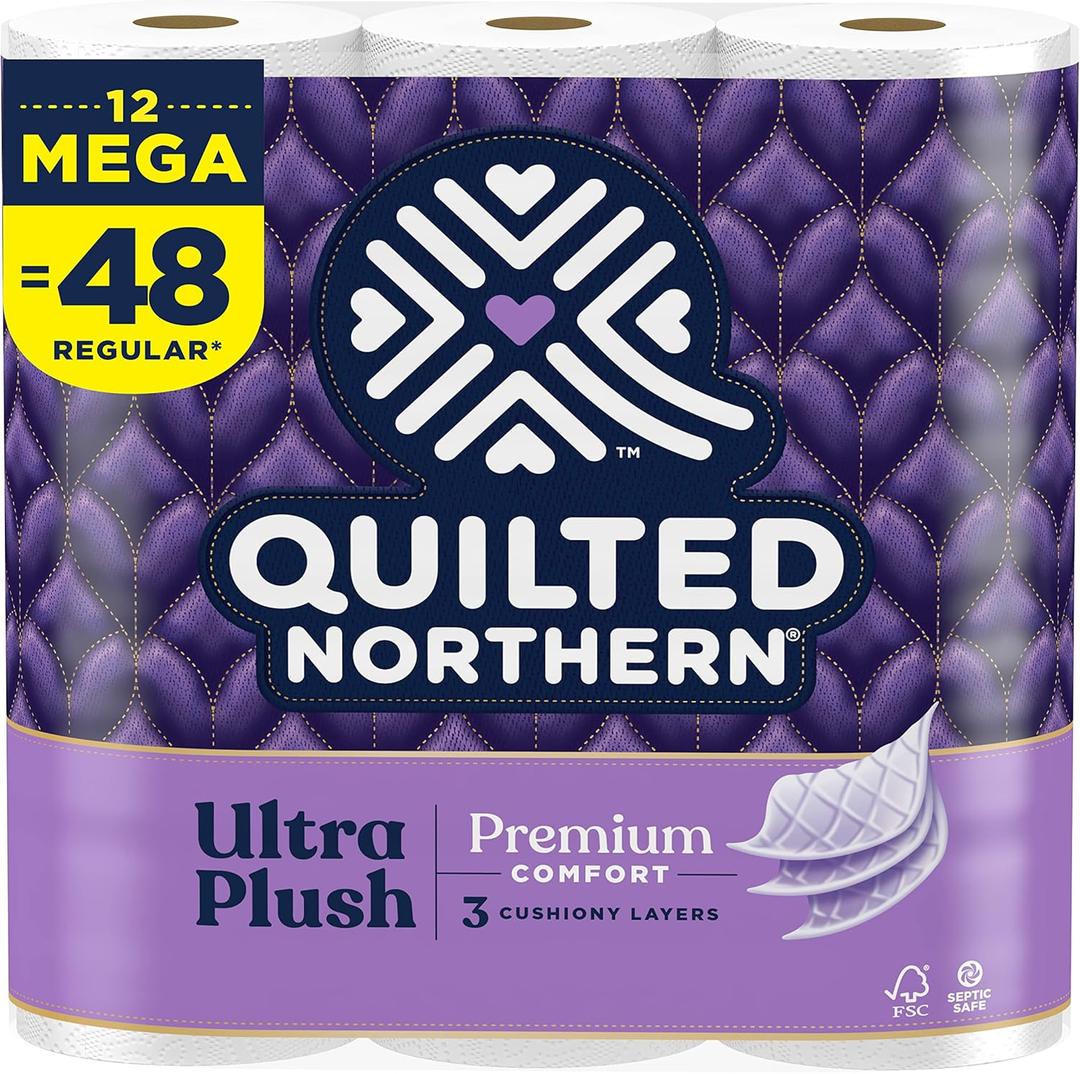 Quilted Northern Ultra Plush Toilet Paper, 12 Mega Rolls = 48 Regular Rolls, 3X Thicker*, 3 Ply Soft Toilet Tissue