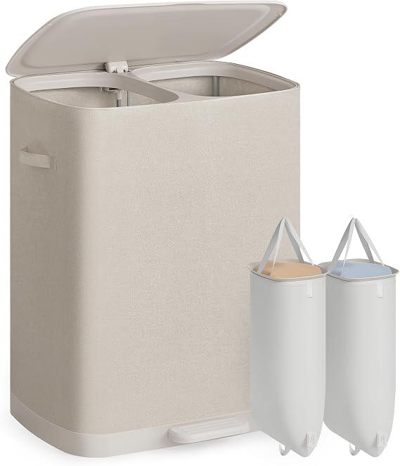 SONGMICS Laundry Basket with Lid, 160L Large Hamper, 2 Compartments Foldable Washing Basket with Handles, Removable Liner Bags, 56 x 40.5 x 75 cm, Beige, BROSI Collection LCB832L101, Size Name: 75H cm