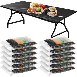 Boao 12 Pcs Plastic Table Cloths Disposable for Parties Picnic Table Covers with Fall Elastic Fitted Elastic Cover Rectangle Waterproof for Thanks Giving Christmas Picnic(8 Ft, 96 x 30 Inch,Black)
