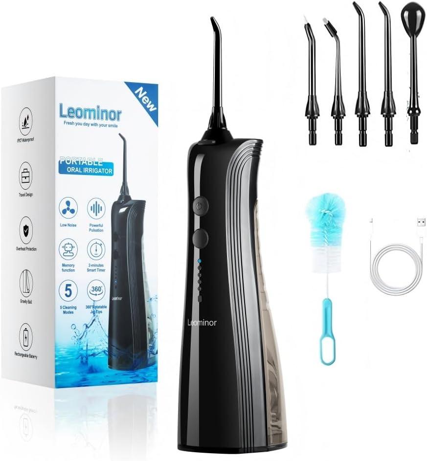 Leominor Water Dental Flosser - 5 Modes Cordless Portable Oral Irrigator, IPX7 Waterproof, Rechargeable Teeth Cleaner Upgrade Datchable Tank Professional Flossing Cleaning Pick for Home Travel (Black) (230ml)