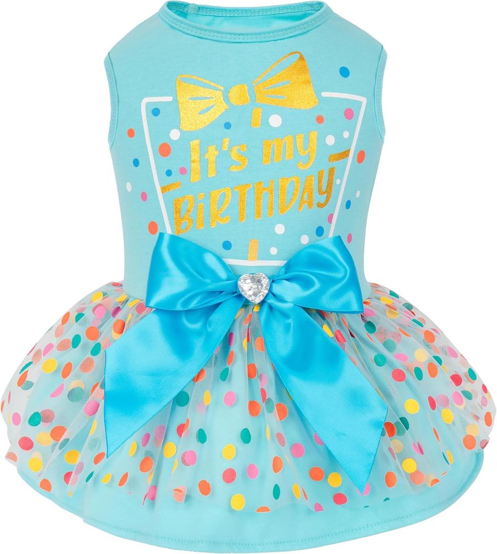 cyeollo Dog Birthday Dress, Soft Tulle Dog Dresses for Dogs Girl, Pullover Dogs Clothes with Bowknot, Pet Birthday Party Outfit, Holiday Pet Apparel, Blue M