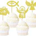 Ercadio 24 Pack Jesus Cupcake Toppers Gold Glitter Fish Bread Last Dinner Cupcake Picks Baptism Cross Cupcake Toppers Christian Religious Theme Party Baby Shower Birthday Cake Supplies