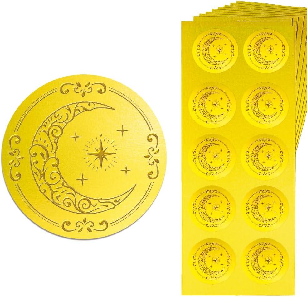 Peacoblue Gold Embossed Sticker Seal 1.4 Inch 150Pcs Moon and Star, Self Adhesive Golden Around Embossing Decals for Party Favors Invitation Envelope Seal Gift Card Certificate Decoration
