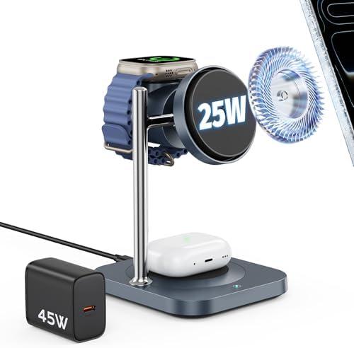 Gumosh Qi2.2 Charging Station for Apple, 25W 3 in 1 Magsafe Charger Stand with Active Cooling Fan, Magnetic Wireless Charger for iPhone 17/16/15/14/13/12, Apple Watch, AirPods (with 45W Adapter)