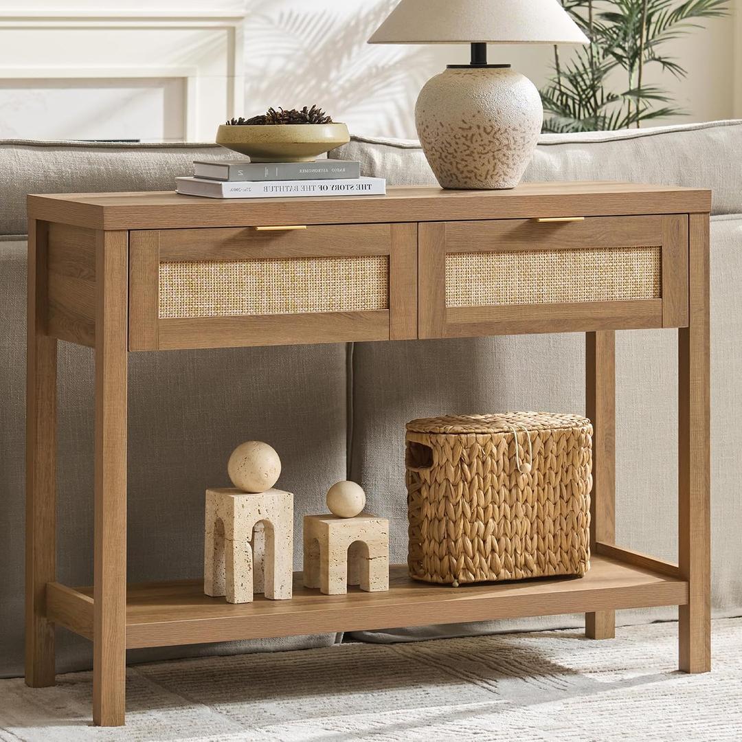 SICOTAS Rattan Console Table with Drawers, Boho Entryway Table Sofa Table, 1 Piece