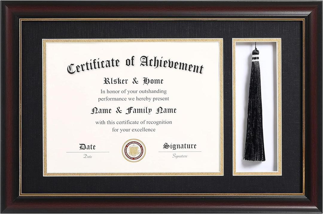 ELSKER&HOME 11x17 Diploma Frames with Tassel Holder for 8.5x11 Certificate Document Shadow Box, Mahogany Frame, Degree Double Mat, Black with Gold Rim
