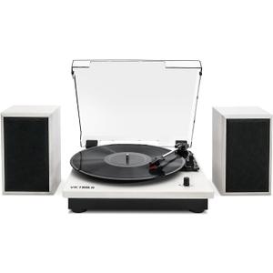 Victrola Montauk Vinyl Record Player, White Wood Finish, 3-Speed Belt Driven Turntable with Stereo Bluetooth Speaker Pair, RCA Output and 3.5mm Headphone Jack, Removable Dust Cover