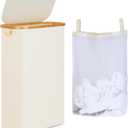 iEGrow 65L Slim Laundry Hamper, Narrow Laundry Basket with Lid,Foldable Clothes Hamper with Bamboo Handles,Hamper Basket with Removable Inner Bag for Laundry Room Bedroom College Dorm,17.17 Gals Beige