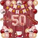 Trgowaul 50th Birthday Decorations for Women, Burgundy Red Rose Gold 50th Birthday Party Supplies, Banner, Sash and Crown, Cake Topper, 50 Number Balloon, Fringe Curtains, 50 Year Old Decoration Set