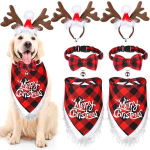 6 PCs Dog Christmas Costume Elk Reindeer Antler Headband Buffalo Plaid Bandana Bow Tie Triangle Pet Scarf Outfit Bib Adjustable Collar Cat Decor Photo Gift Small Medium Dog(Chic Style,Red)