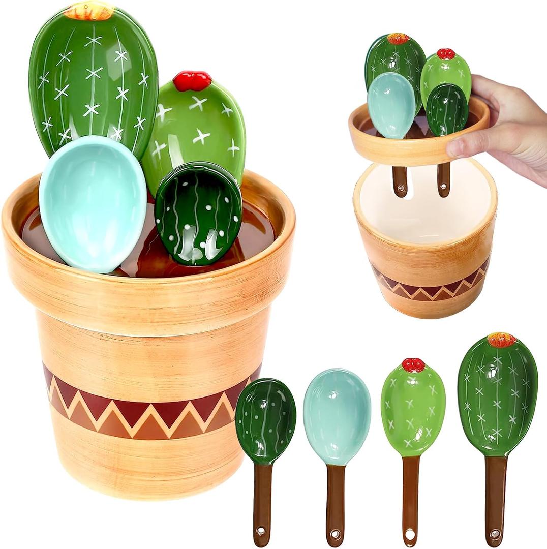 Stocking Stuffers for Women Christmas Gifts for Mom Housewarming Gift New Home Mothers Day Gifts Ceramic Cactus Measuring Cups and Spoons Set Organizer Cute 4 Size Measuring Spoons Set for Kitchen (Blue and Green)
