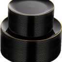 KIRE 100PCS Black and Gold Plates - Black Plastic Plates Disposable with Gold Rim for Party/Wedding/Graduation Include 50Pcs 10.25inch for Dinner and 50Pcs 7.5inch for Dessert/Salad