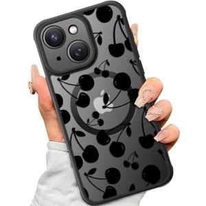 SEXYMOM Magnetic for iPhone 14 Plus Case - Wireless Charging Compatible,Military Drop Tested Cover,Cute Floral Design for Women and Girls,Slim Fit Translucent Matte Phone Case - Cherry