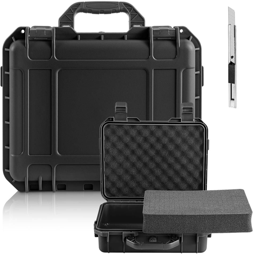 8.5 x 6.5 x 3.7 Inch Waterproof Hard Case with DIY Customizable Foam Insert Portable Protective Case with Knife for Camera Drones Equipments Tools Test Instruments (Black)