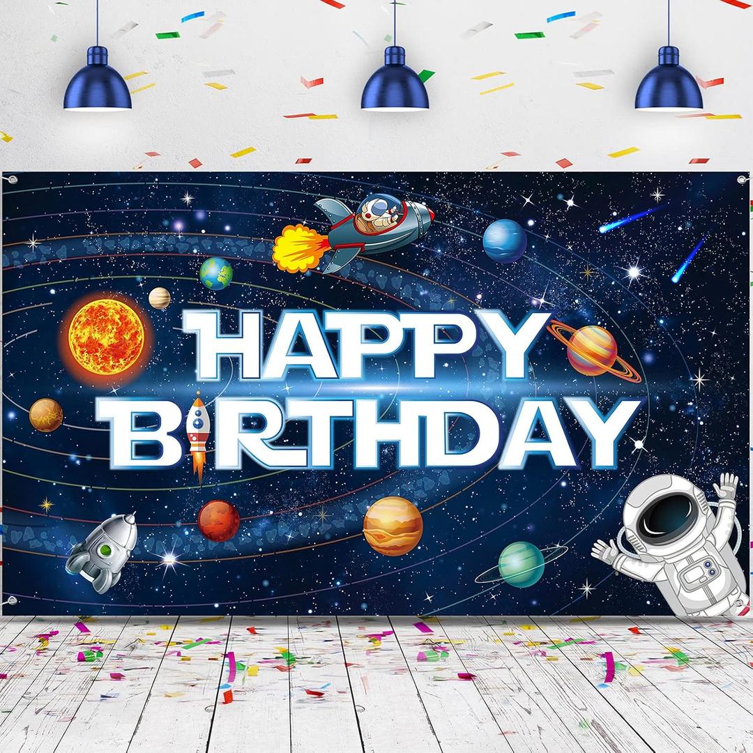 Sumind Space Happy Birthday Decorations Background Astronaut Rocket Backdrop Banner Solar System Planets Poster for Kids Boys Space Birthday Planets Party Educational Supplies, 72.8 x 43.3 Inches