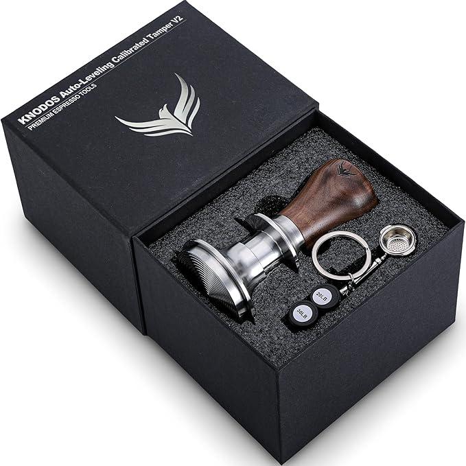 58.5mm Tamper with Walnut Handle SelfLeveling & Double Spring Loaded Calibrated Design Fits 58mm Portafilter Basket for Precise Consistent Shots