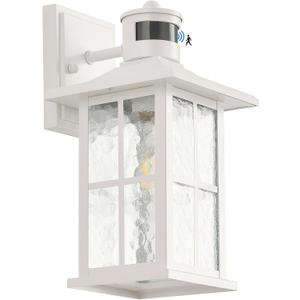 FLEDAVID Motion Sensor Outdoor Wall Light Fixtures Dusk to Dawn Exterior Porch Lantern White Outside Sconce Lighting Rustic Wall Mount Lamp with Water Ripple Glass for House Garage Patio Entryway (White 1-Pack)