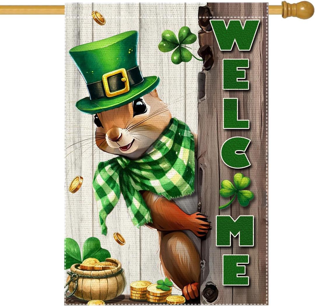 Spring St Patricks Day Garden Flag 12x18inch Double Sided Burlap The Squirrel Lucky Shamrock Garden Flags Happy St. Patrick's Day For Outdoor Yard Patio Lawn Decor,Green Hat with Clovers Gold Coin Pot Welcome Outside Decorations Banner (RMQ88D, 28"X40")