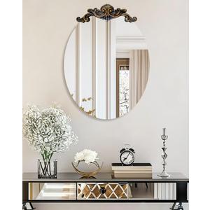 Baroque Mirror Oval 32x24 inches: Sleek Silver Mirrored Vanity with Decorative Flower-Top Frame Wall Mounted Home Decor for Bathroom Bedroom Livingroom Entryway Hallway