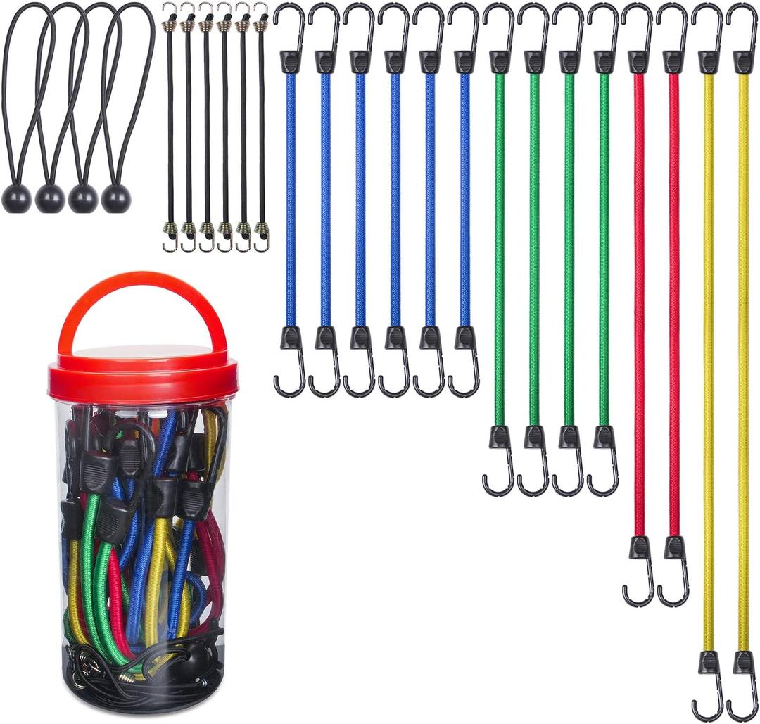 EFFICERE 24-Piece Premium Bungee Cord Assortment in Storage Jar - Includes 10, 18, 24, 32, 40 Bungee Cords and 8 Canopy/Tarp Ball Ties