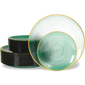 100PCS Green Plastic Plates-Crystal Design Green Disposable Plates with Gold Rim, Fancy Disposable Plates Include 50 Dinner Plates, 50 Dessert/Salad Plates for Party & Christmas