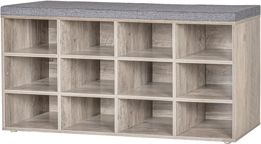 DINZI LVJ Shoe Storage Bench with Cushion, Cubby Rack with 12 Cubbies, Adjustable Shelves, Multifunctional Organizer Bench for Entryway, Mudroom, Hallway, Closet and Garage, Greige