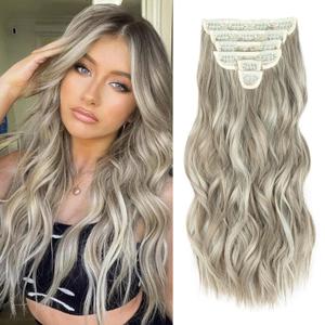 Hair Extensions Clip ins, 6 PCS Wavy Extensions, Light Gray&Ash Blonde&Light Brown Thick Hair, Blends Well Hair Extensions (24Inch, 6PCS, Ash Blonde)