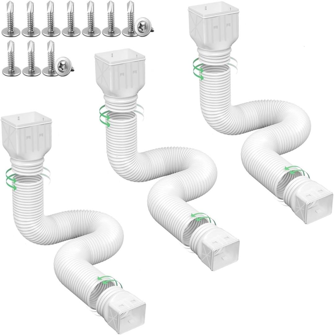 3 pack Flexible Rain Gutter Downspout Extensions,Drain Downspout Extender,Gutter Extension Flexible,Down Spout Drain Extension Pipes,Extendable from 21 to 60 Inches (3pcs white)
