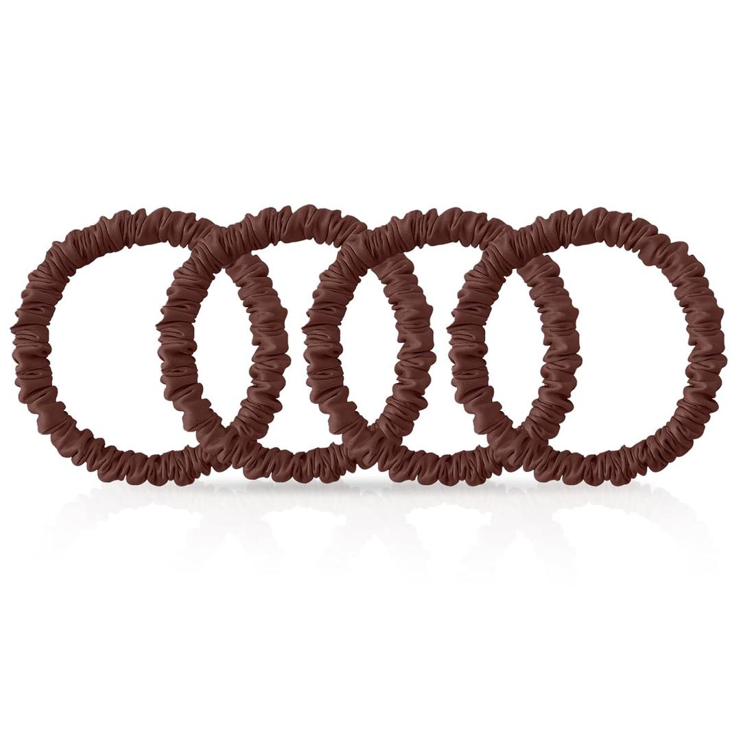 4Pcs Mulberry Silk Scrunchies Set, Silk Hair Ties Elastic for Women, Skinny Scrunchies Reduces Breakage for All Hair Types (Brown)