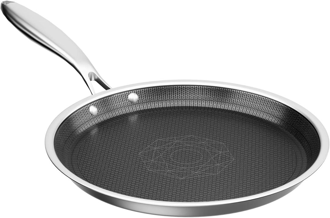 COOKER KING 9.5" Round Griddle Pan, 3-Ply Hybrid Stainless Steel Crepe Pan with Stay-Cool Handle, Non Stick & Non Toxic for Pancake, Eggs, All Stovetop & Induction Compatible, Oven & Dishwasher Safe