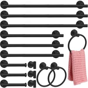 Gisafai 15 Pcs Black Bathroom Accessories Hardware Set Towel Racks for Bathroom SUS304 Stainless Steel 23.6 Inch Brushed Towel Bar Ring Toilet Paper Holder Robe Hooks for Wall Mounted