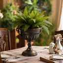 Vintage Urn Planter, 11.5" Distressed Metal Vase with Embossed Design, Rustic Centerpiece for Mantel, Table, Entryway or Living Room Decor
