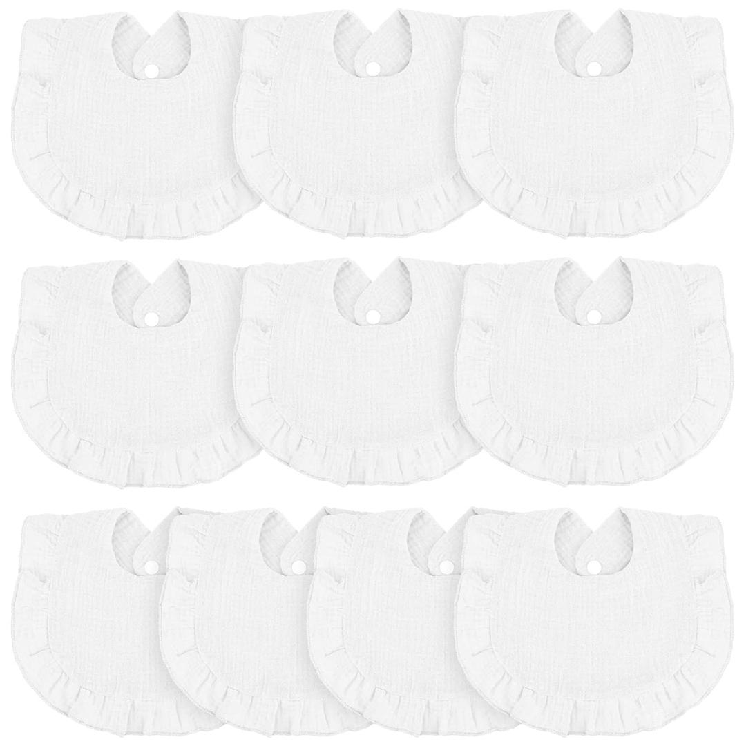 Seematn 10 Pcs Baby Muslin Bibs for Unisex Girls & Boys Drool Bibs Bandana Ruffle Soft Cotton for Newborn Infants Toddlers(White)
